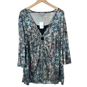 NWT Essentials Metallic Snake Print Blouse Top Size 3X Stretch 3/4 Sleeve Holo
